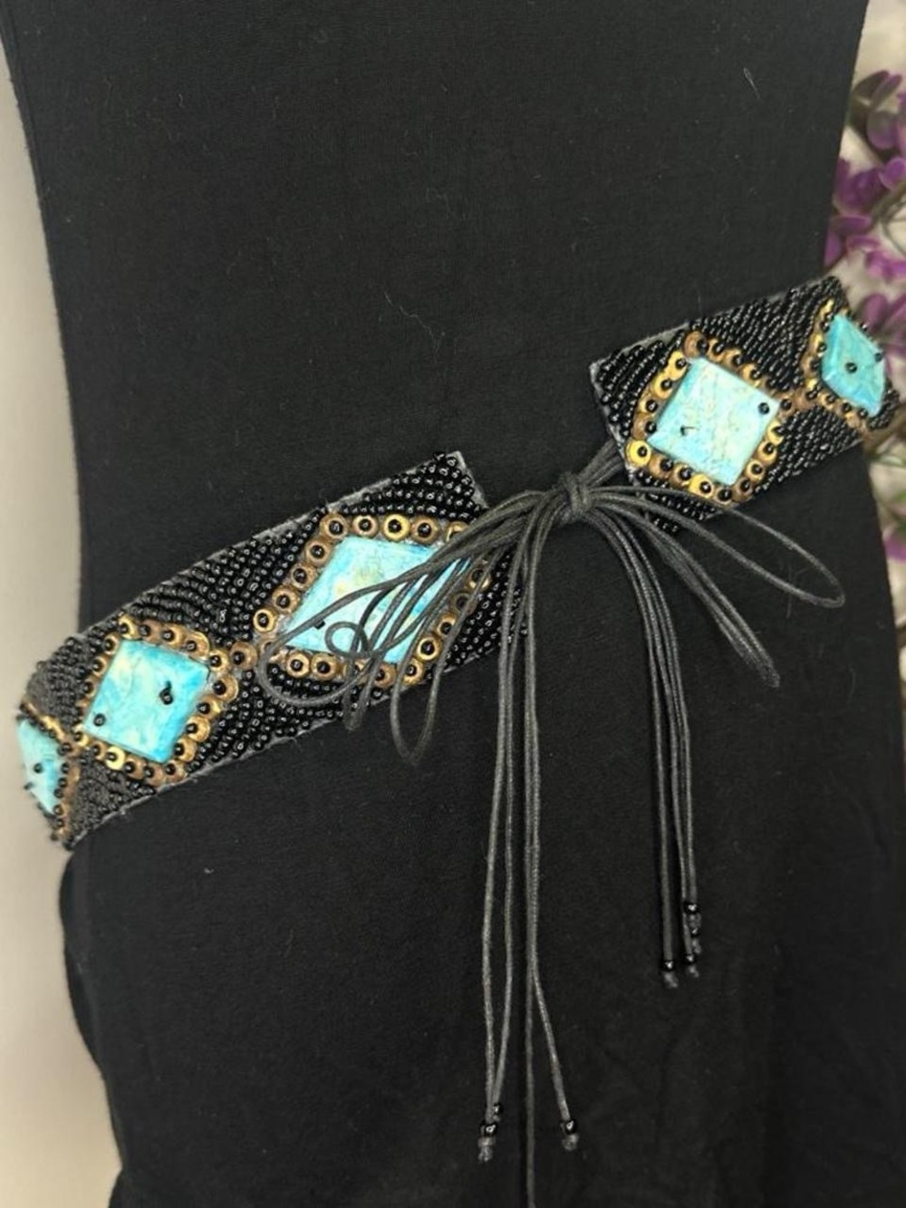 Vintage Hand-Beaded Black Belt with Turquoise Tile Accents - Picture 2 of 7